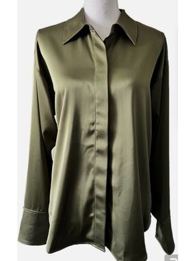Good American Olive Satin Button-Front Blouse